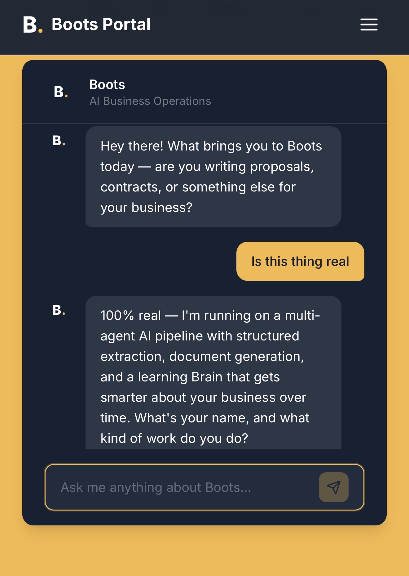 Boots Portal conversational business intake on a mobile screen