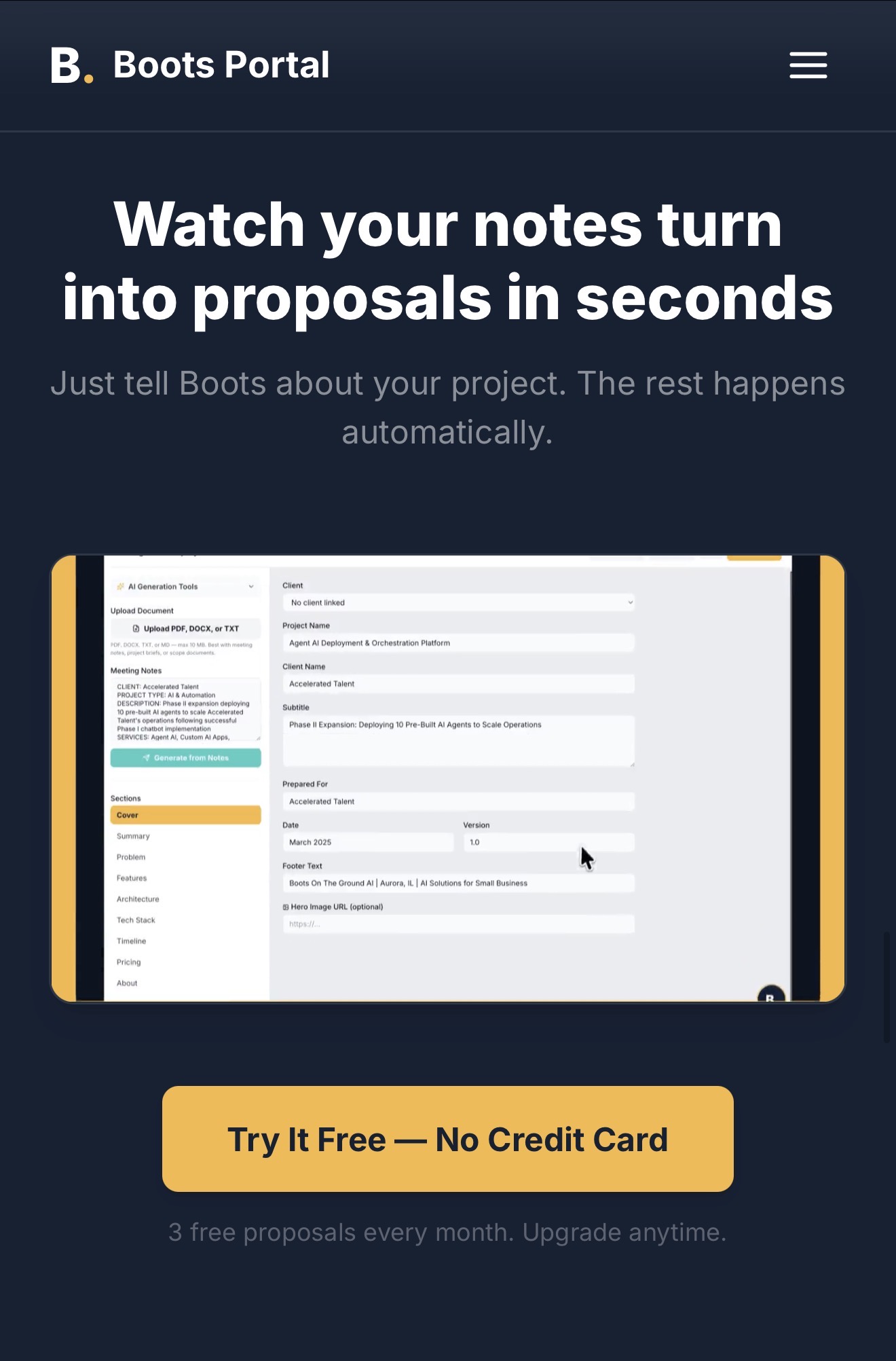 Boots Portal converting project notes into a proposal